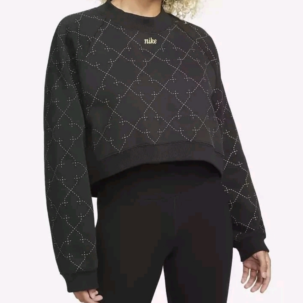 Nike Therma-Fit Black & Gold Diamond Quilt Crop Sweatshirt | Large